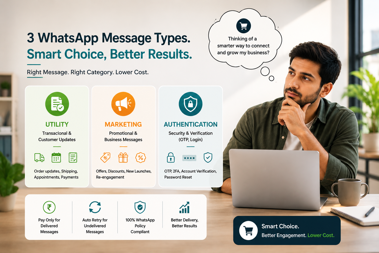 Three WhatsApp message types compared — Utility for transactional and customer updates, Marketing for promotional and business messages, and Authentication for OTP security and verification
