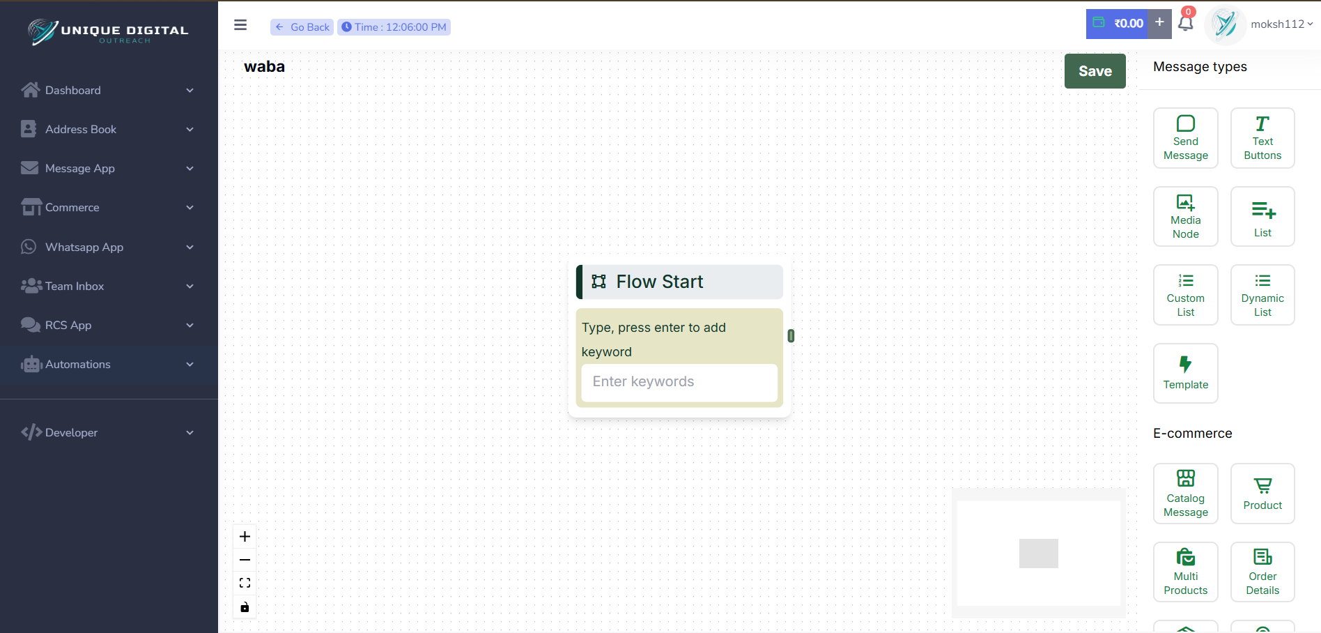 Unique Digital Outreach platform — WhatsApp Flow Builder with the Flow Start node on canvas and full message type panel on the right including Send Message, Text Buttons, Media Node, List, Custom List, Dynamic List, Template and E-commerce nodes