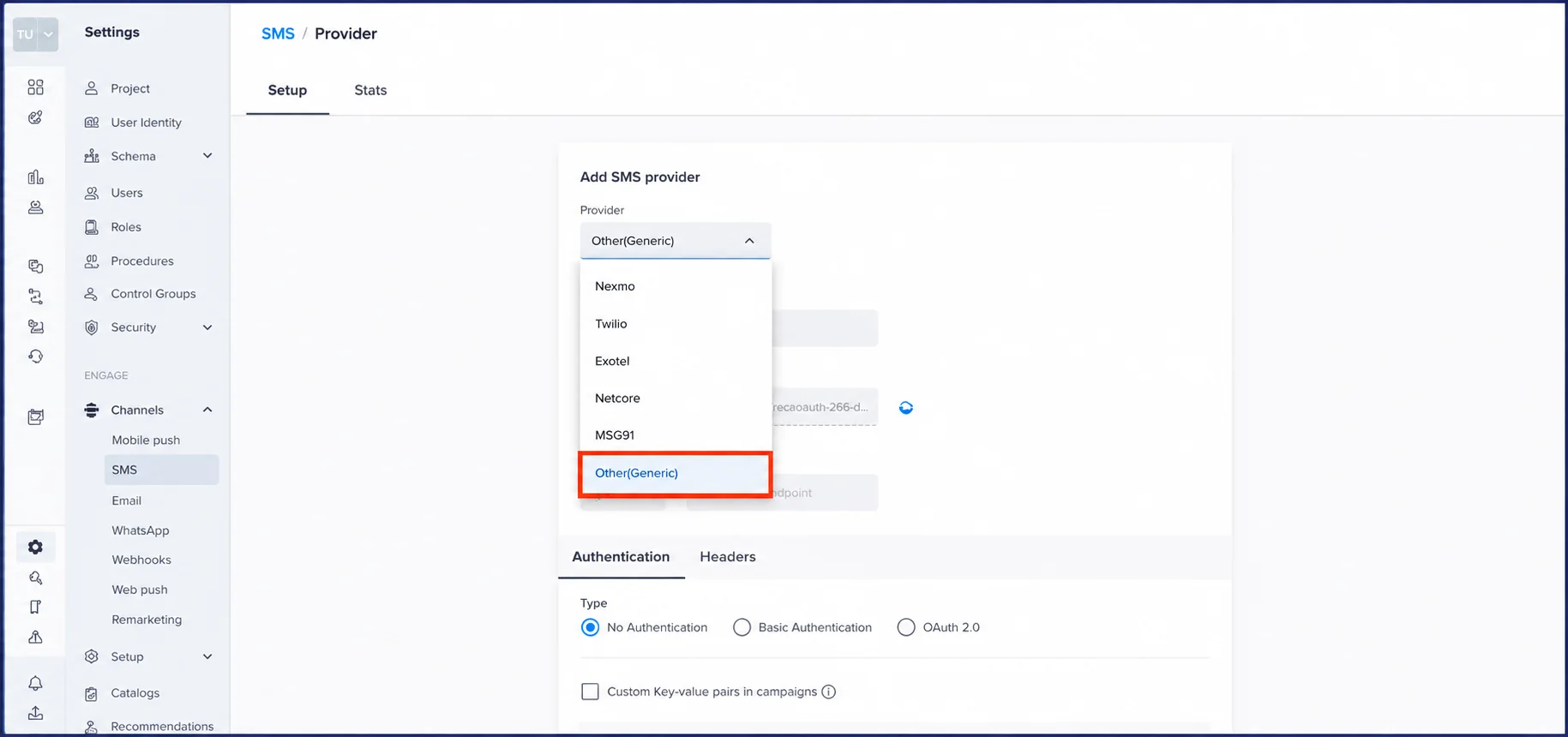 CleverTap SMS provider settings with the Provider dropdown open and Other (Generic) highlighted, above Nexmo, Twilio, Exotel, Netcore and MSG91