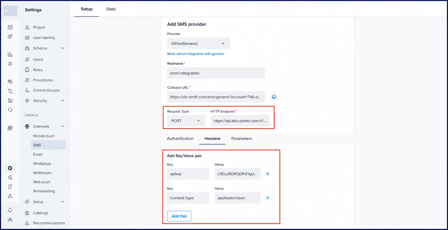 CleverTap Add SMS provider screen with Request Type set to POST, the HTTP Endpoint filled in, and the Headers tab showing apikey and Content-Type key value pairs