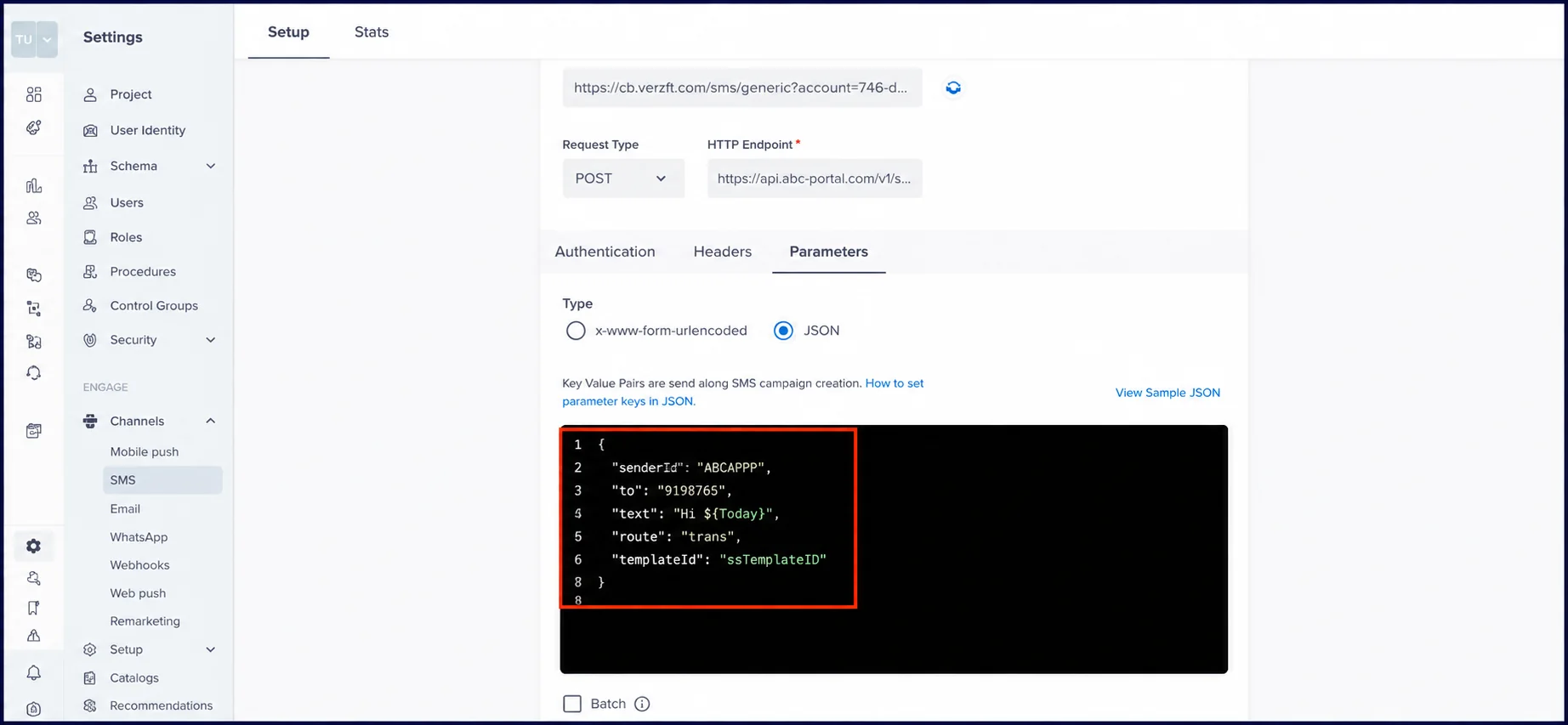 CleverTap Parameters tab set to JSON, showing the request body with senderId, to, text, route and templateId keys