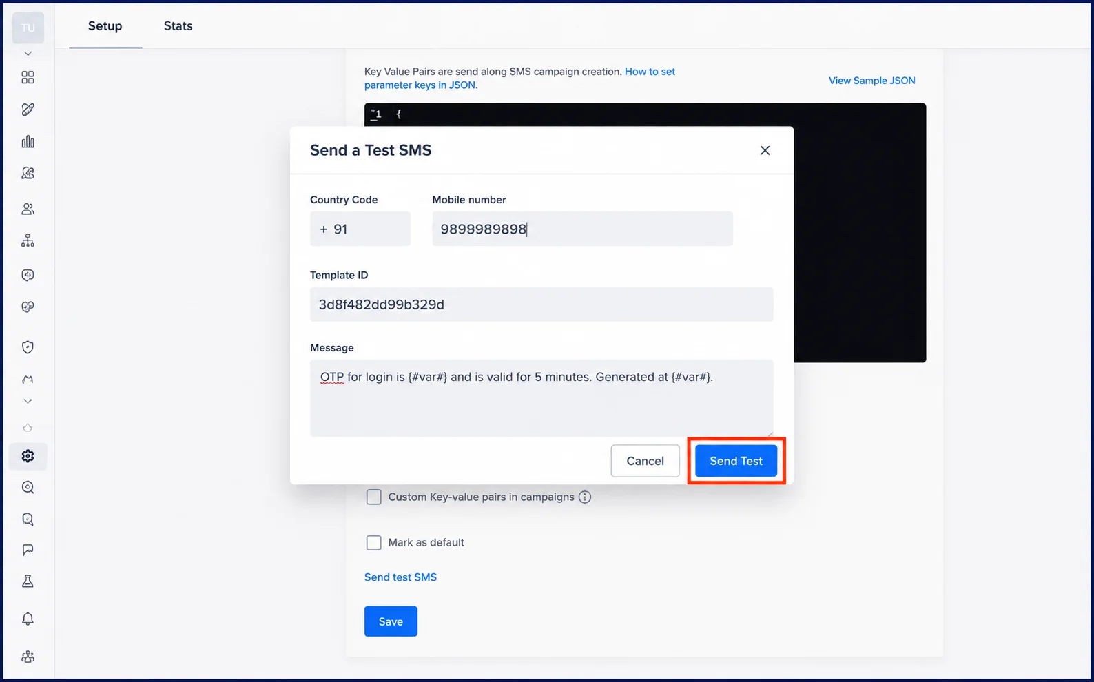 CleverTap Send a Test SMS dialog with country code, mobile number, template ID and an OTP message, and the Send Test button highlighted