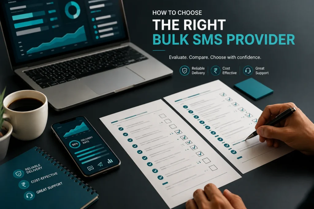 Evaluating bulk SMS providers in India: a printed scoring checklist being marked up beside a laptop analytics dashboard and a phone showing a 98% delivery rate