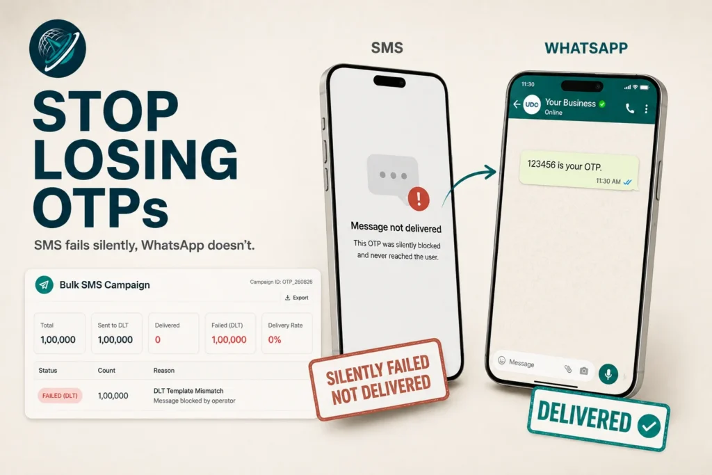 Migrate to WhatsApp OTP with UDO: two phones side by side, the SMS OTP silently blocked by a DLT template mismatch at 0% delivery, the same OTP delivered and read on WhatsApp