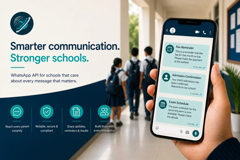 WhatsApp Business API for schools: a parent's phone showing fee reminder, admission confirmation and exam schedule messages from an Indian school