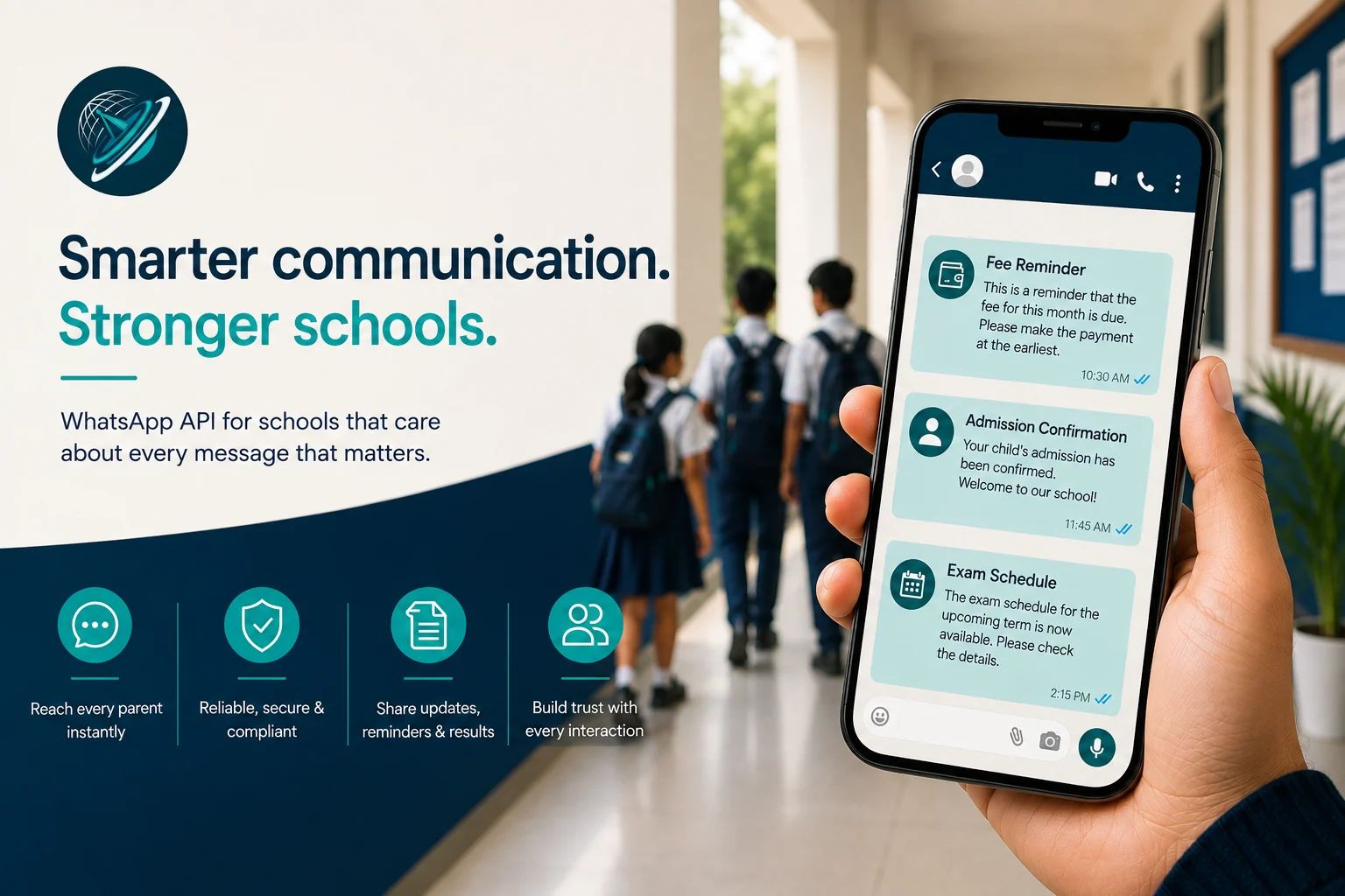 WhatsApp API providers for education in India: a parent's phone showing fee reminder, admission confirmation and exam schedule messages from an Indian school