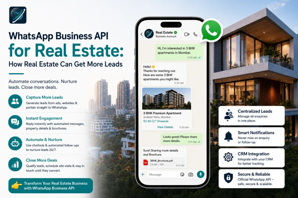 WhatsApp Business API for real estate lead generation: a property enquiry about a 3 BHK in Mumbai answered automatically with listings, pricing and a brochure, alongside centralised leads, notifications and CRM integration