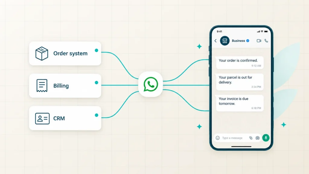An order system, billing system and CRM connected through WhatsApp to a phone showing order, delivery and invoice messages