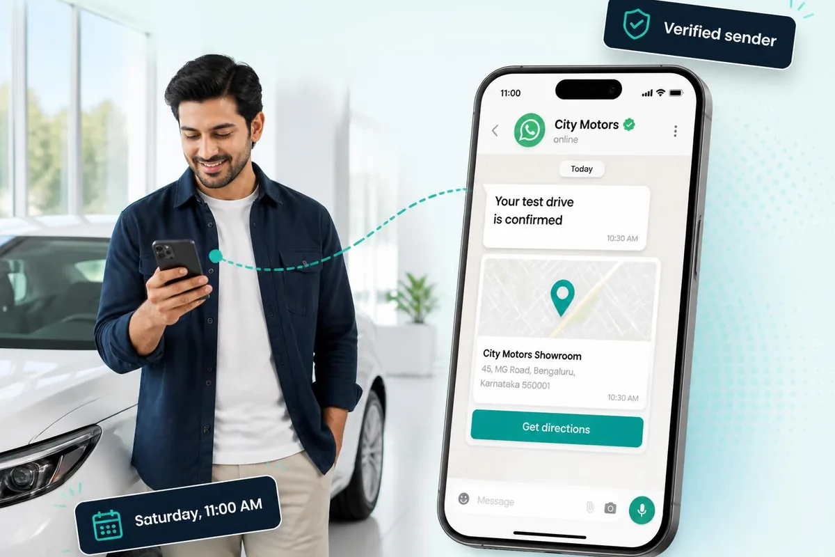 Man beside a white car in a bright showroom glancing at his phone, which shows a WhatsApp test-drive confirmation, map pin and directions button.