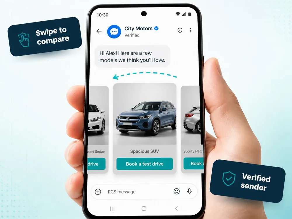Hand holding an Android phone mid-swipe through an RCS carousel of three car models, each card with a Book a test drive button.