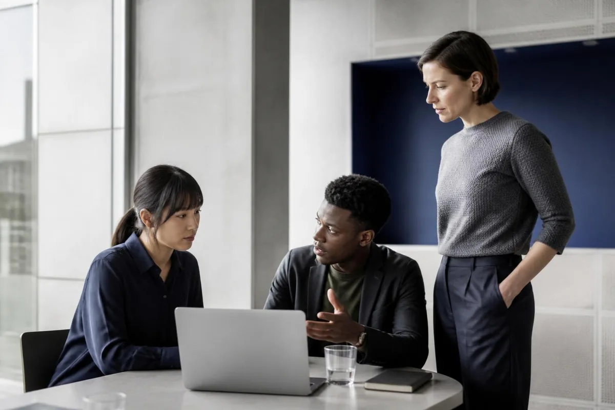 Three colleagues talk around a laptop in a bright office, one standing beside a deep blue wall panel.