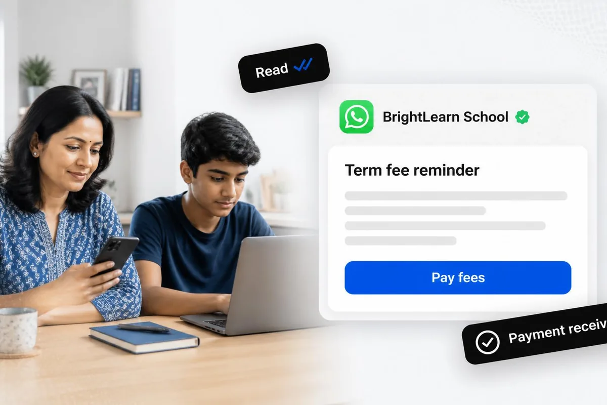 Mother at a kitchen table reading a school fee reminder on WhatsApp while her teenage son works on a laptop beside her.