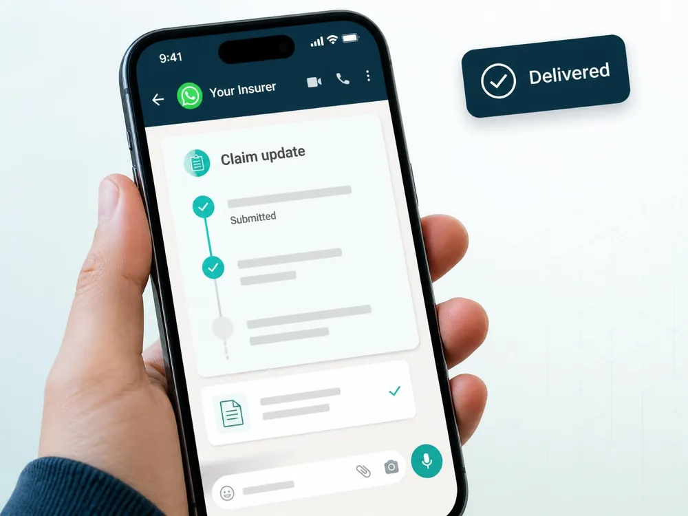 Hand holding a phone showing a WhatsApp claim update card with completed stages and a documents received confirmation below.