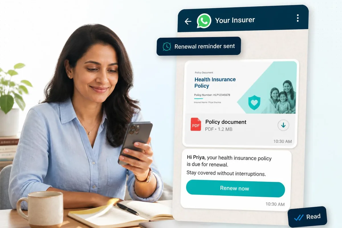 Woman at a sunlit desk reviewing a policy document PDF in a WhatsApp chat from her insurer, with a Renew now button.