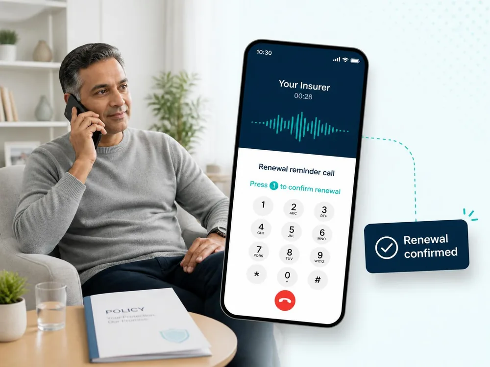 Man in his forties at home listening to an outbound renewal reminder call, a policy folder beside him and a renewal confirmed badge.