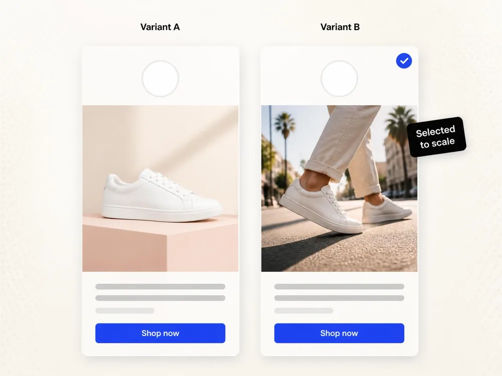 Two vertical ad variants with the same layout and different sneaker images, the second marked with a teal check as selected.