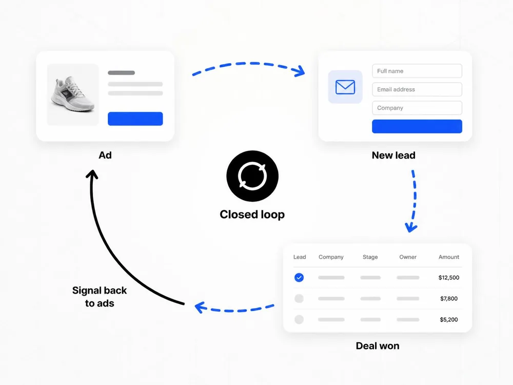 Loop diagram showing an ad bringing a new lead, the CRM marking the deal won, and a signal returning to the ads.