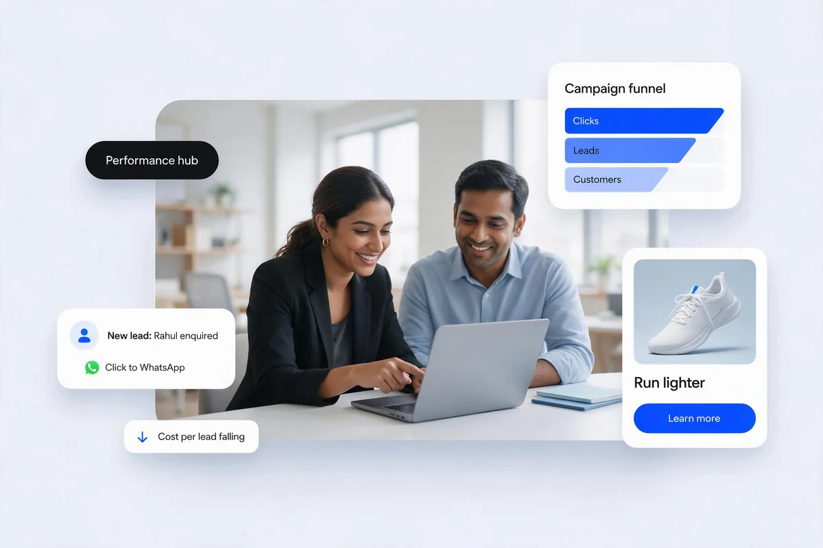 Two marketers reviewing a campaign on a laptop, with a funnel from clicks to leads to customers, an ad card with a Learn more button, and a new lead alert that opens in WhatsApp.