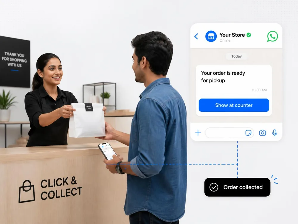 Store associate handing a packaged order to a customer at a collection counter, with a WhatsApp ready-for-pickup message on his phone.