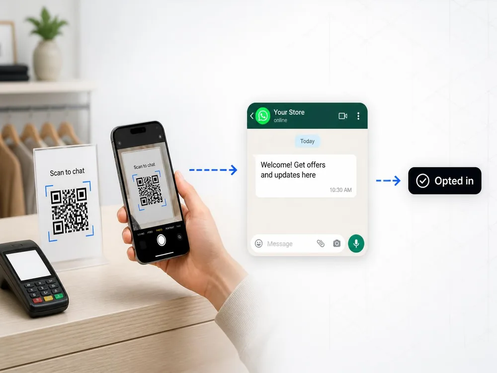 Phone raised to scan a QR code on a store counter, opening a WhatsApp welcome chat and an opted-in confirmation badge.