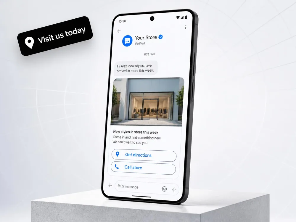 Android phone on a stone plinth showing a verified RCS store card with a storefront photo and Get directions and Call store buttons.