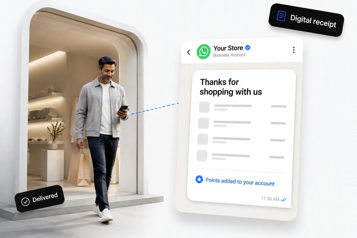Shopper leaving a minimal store with a paper bag, his phone showing a WhatsApp digital receipt with loyalty points added.