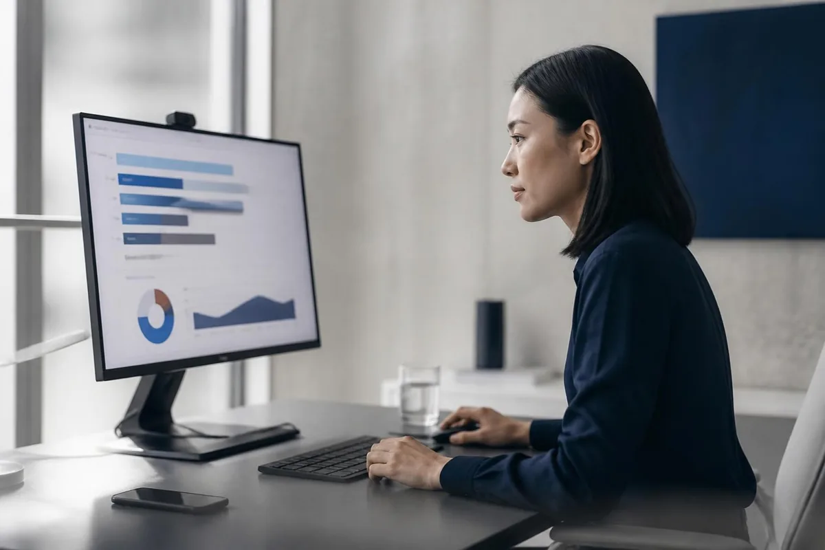 A specialist reviews a delivery report with bar and pie charts on a large monitor at a bright desk.